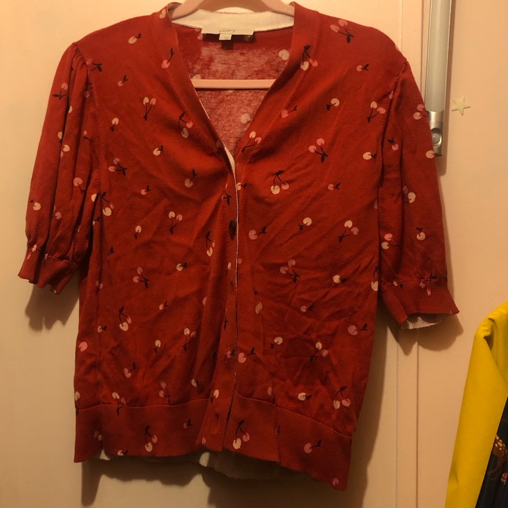 LOFT Red Cherry Print Cardigan